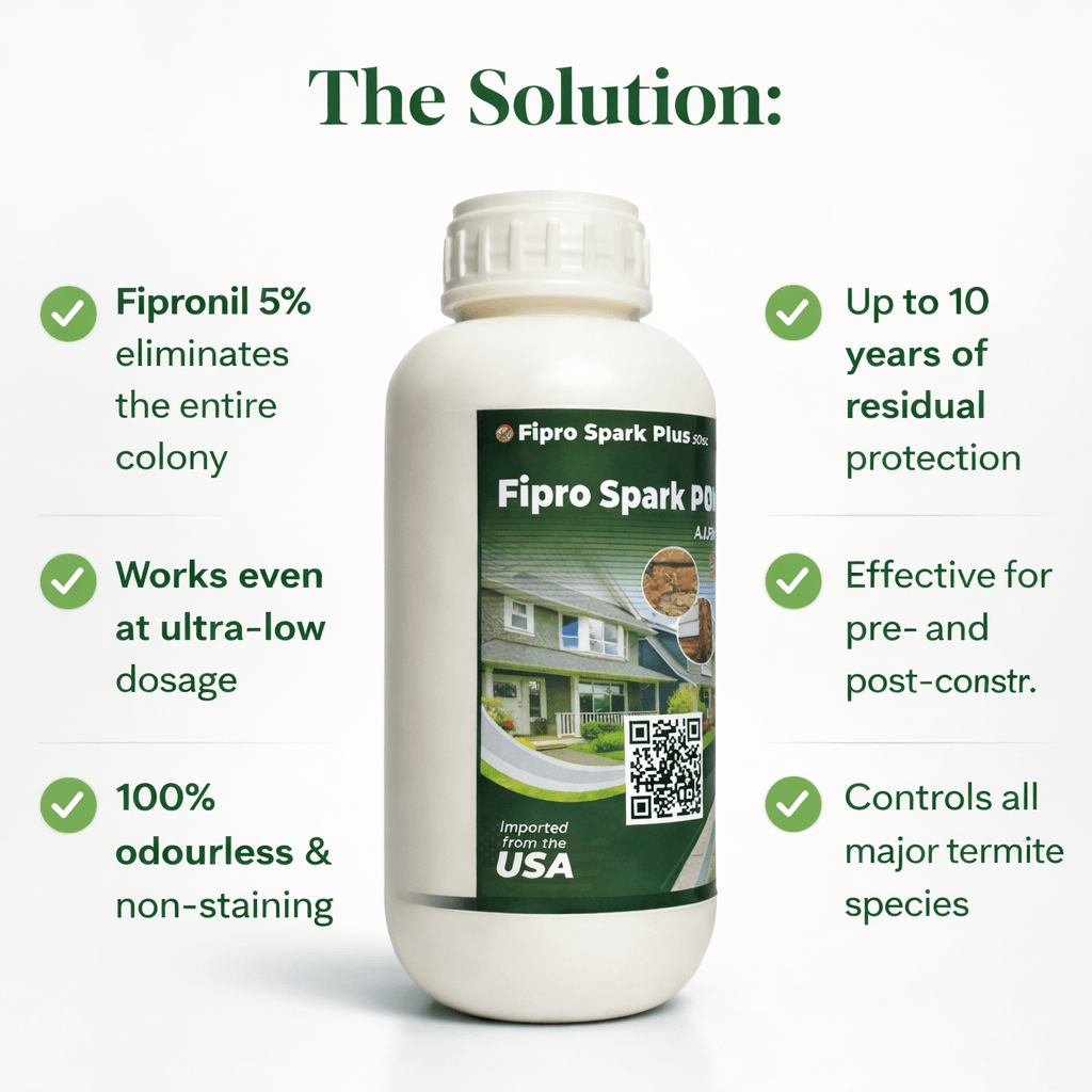 Fipro Spark Plus 50SC termite solution illustration showing colony elimination